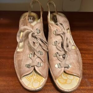 COPY - Fly London Lace-up Metallic Leather Wedge Peep Toe Sandals Gold Rose Siz…